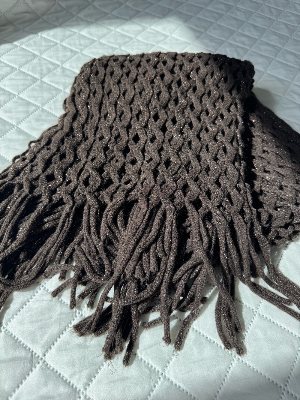 Free People Crochet Fringe Scarf Brown Metallic Open Knit Boho Y2K Festival Wrap
